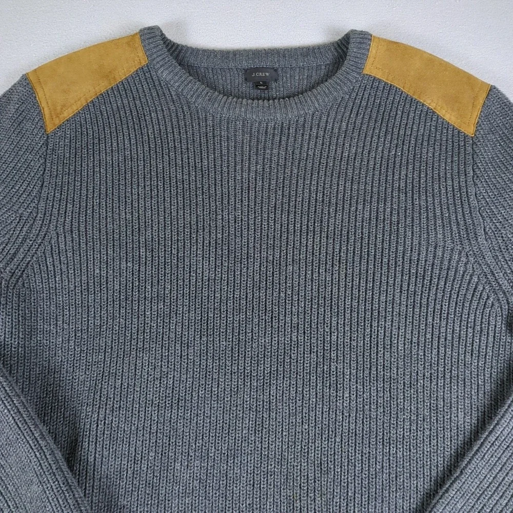 J Crew Woodsman Sweater Mens Large Gray Ribbed Suede Shoulder Patches Retail